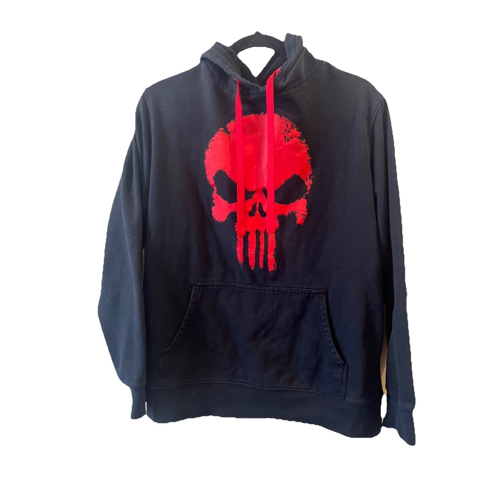 Marvel Punisher Red Skull Logo Men's M 38/40 Graphic Black Pullover Hoodie EUC